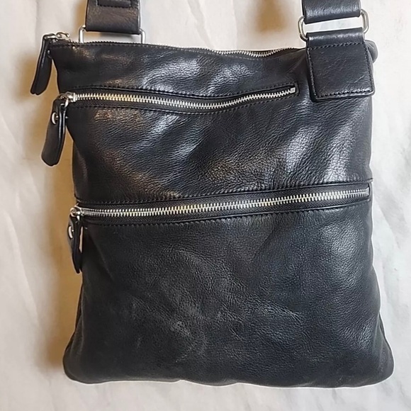 MARGOT Black Leather Messenger Bag 2 Ext. Front Zipper Pockets Top Zip Closure - Picture 17 of 17